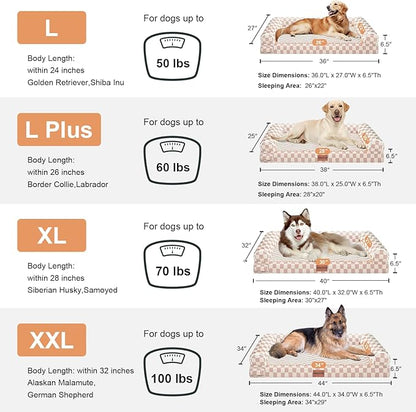Large Dog Bed Orthopedic Washable: Beds Bolster XL Bed Big XLarge Dogs Egg Crate Foam Couch Sofa Waterproof with Removable Cover - Pink Grid