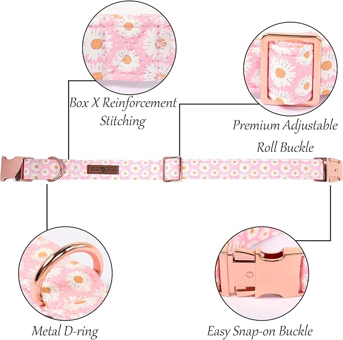 Lionet Paws Floral Dog Collar with Sailor Bow, Spring Cute Daisy Pink Dog Collar Bow Tie for X-Large Dogs, Neck 16-26 inches