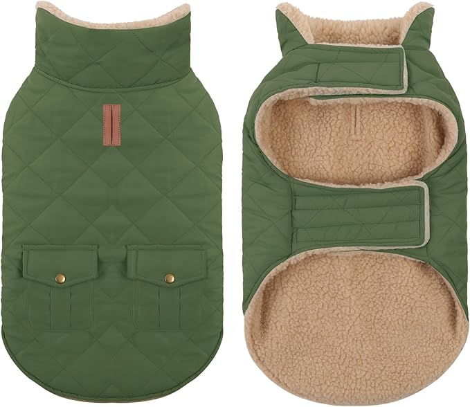 Winter Coat for Medium Dogs, Dog Plaid Jacket, Pets Coat for Cold Weather, Windproof Warm Garments, Pet Thickened Outfits Indoor Outdoor, Army Green M