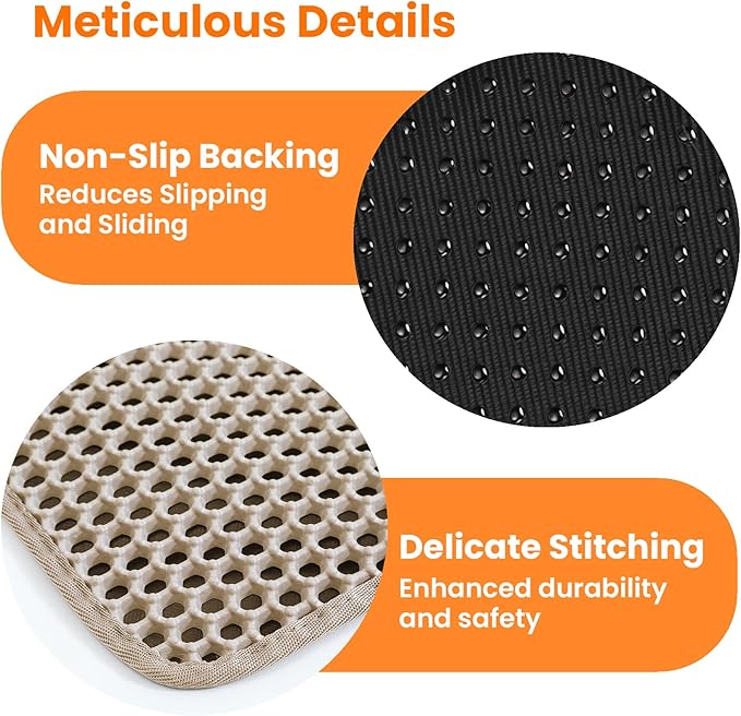 Petinstinct Small Cat Litter Mat, 20x14’’ Double Layer Honeycomb Cat Litter Box Mat, Non Slip Waterproof Urine Proof Litter Trapping Mat for Floor, Kitty Litter Pad, Indoor Pet Supplies, Beige