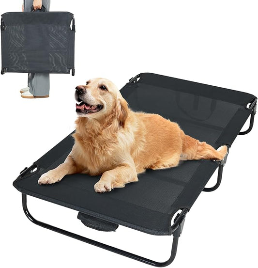 everfront Elevated Dog Bed for Large Pet with No-Slip Feet, Foldable Portable Washable Raised Bed for Indoor&Outdoor Camping Dog Cot, with Cooling Waterproof Breathable Mesh (Large, Black-Textilene)