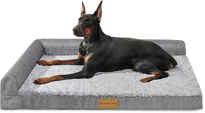 Patas Lague Orthopedic XL Dog Bed Large Sized Dog 42''X28'', Waterproof L Bolster Big Large Pet Sofa Beds with Removable Washable Cover, Soft Comfortable Pet Couch Crate Mat with Nonskid Bottom, Grey