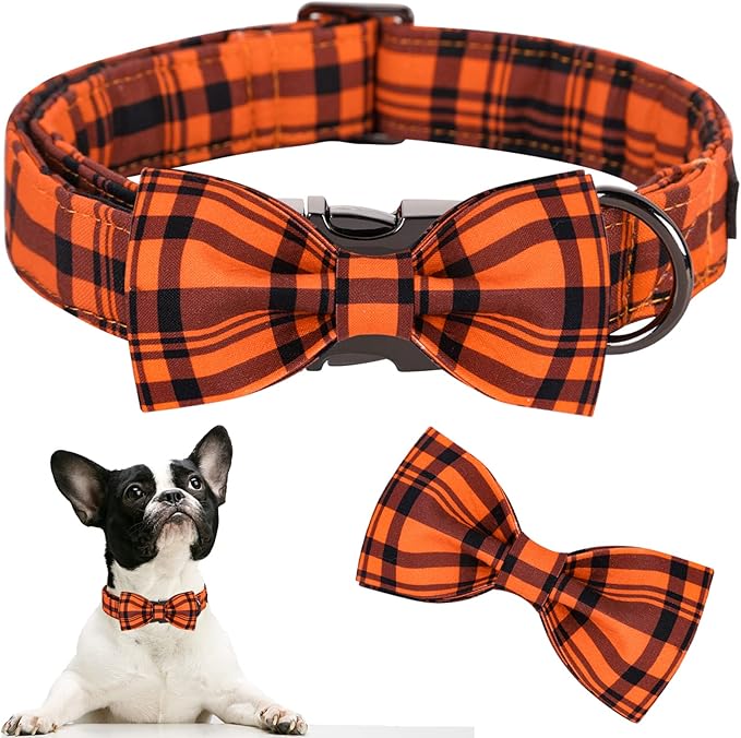 ARING PET Dog Collar, Cute Fall Dog Collar with Bow, Adjustable Halloween Orange Grid Bowtie Dog Collars Gift with Metal Buckle for Small Medium Large Dogs