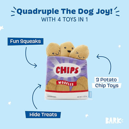 Barkbox Dog Toy 2 in 1 Interactive, Plush Exterior with Squeaker & Crinkle Material, Tearable Dog Toy with Squeaky Spikey Ball Inside, Ideal for Toy Destroyers - Woofles Chips, Small