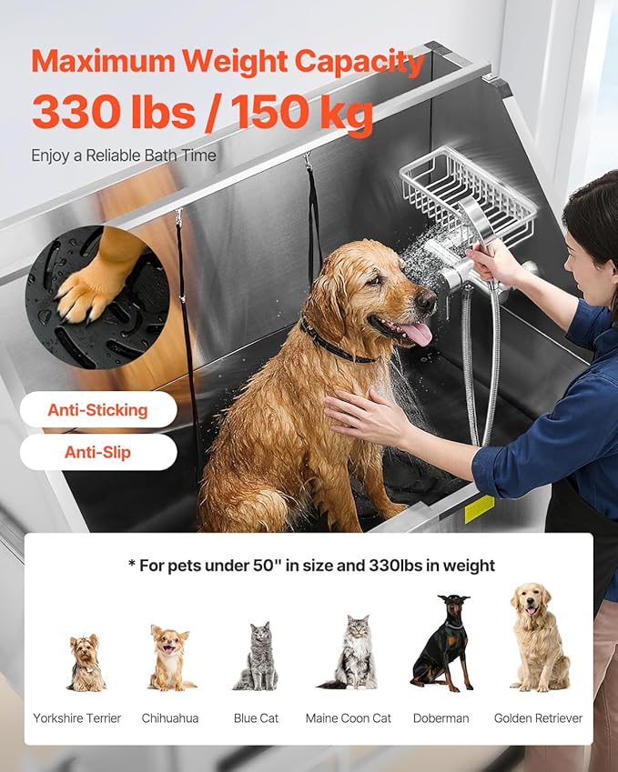 VEVOR Electric Lift Dog Washing Station, 50 inch Professional Stainless Steel Pet Grooming Tub w/PE Water Filter Board, Faucet & Showerhead Dog Bathtub Washing Sink for Multiple Pets (Right Door)