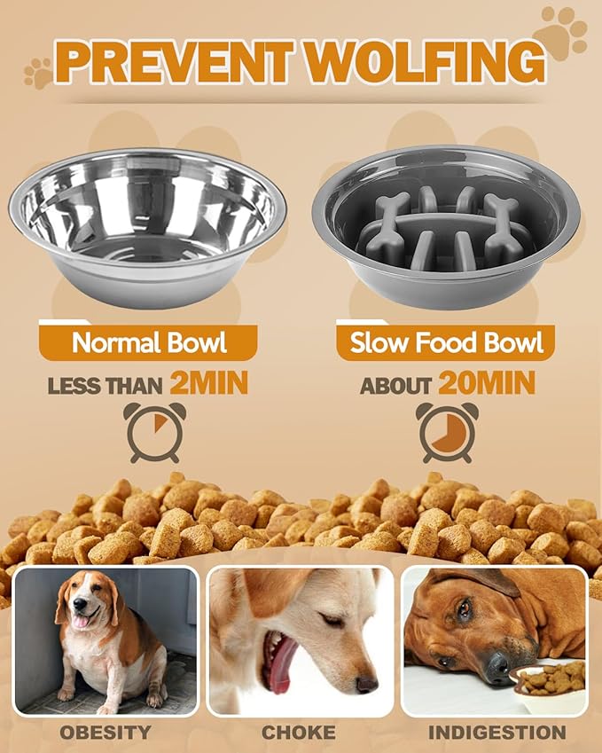Elevated Dog Bowls, Dog Feeder with 1*Stainless Steel Dishes & 1*Slow Feeder Bowl, 5 Heights Adjustable Raised Stand for Medium Large, Food Dishes with Non-Slip Feet