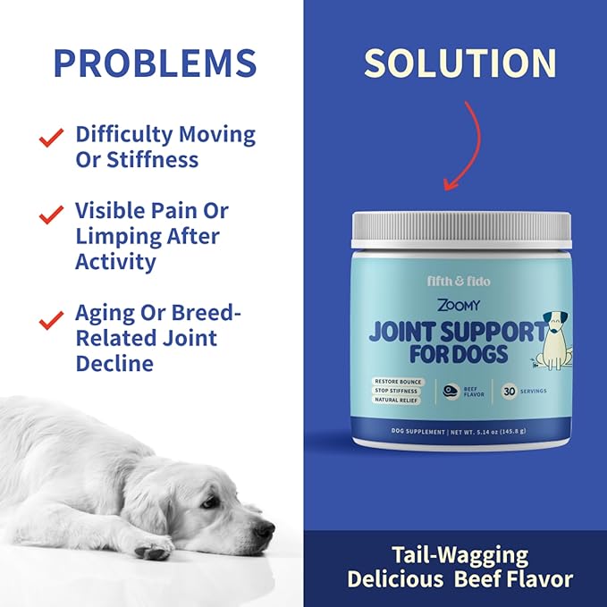 Fifth & Fido Joint Supplement for Dogs - Glucosamine for Dogs - Pet Vitamins and Supplements Powder with Chondroitin & MSM - Hip & Joint Support for Mobility, Stiffness & Flexibility - Mushroom Blend