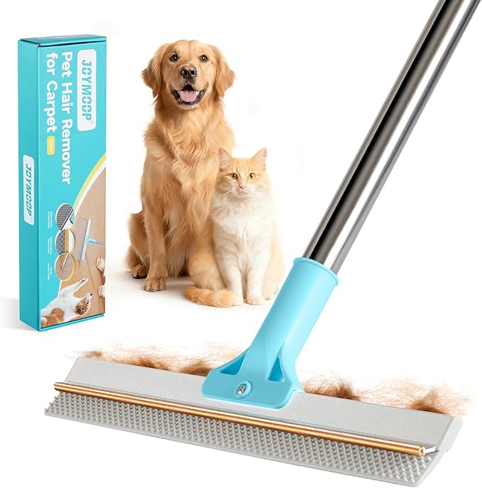 JOYMOOP Pet Hair Removal Tool, 63" Adjustable Long Handle Carpet Rake, Cat Dog Hair Carpet Rake with Metal and Silicone Scraper for Carpet, Sofa, Cloth