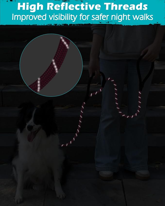 PetBonus Double Handle Rope Dog Leash, 6FT Heavy Duty Training Lead with Lockable Hook and 2 Comfortable Padded Handles, Reflective Walking Nylon Leash for Large Medium Dogs (55-200 lbs, Pink)