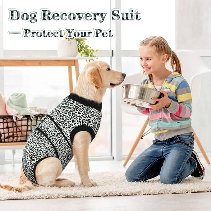 Kuoser Dog Surgery Suit, Comfy Dog Recovery Suit Female Doggie Onesie for Surgery, Post Op Protective Onesie, Soft E-Collar Alternative for Cats & Puppies, BlueLeopard XS
