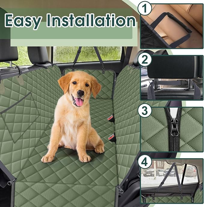 NECKORY Waterproof Dog Car Seat Cover for Back Seat - Durable, Scratch Proof Pet Hammock with Nonslip Design & Storage Pockets, Fits Cars, SUVs, Trucks- S, Green