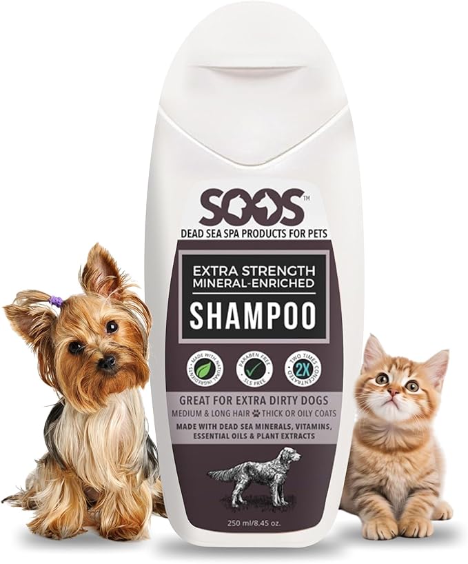 Soos Pets Shampoo Extra Strength for Cat and Dog Shampoo Natural Dead Sea Mineral Enriched Fast Absorbing with Vitamins Essential Oils Natural Ingredients Antib-acterial - 1x 250ml