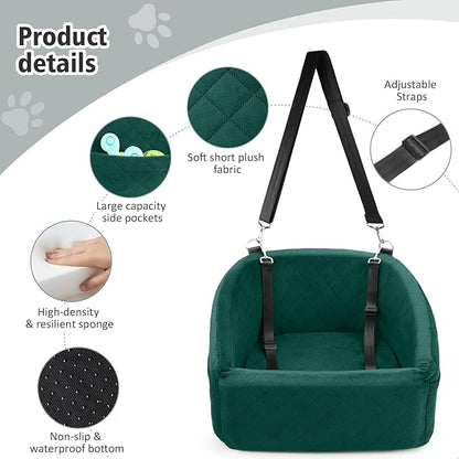 NEEZUKAR Dog Car Seat for Small Medium Dogs,Detachable Washable Dog Booster Seat Under 30lbs, Pet Car Seats Travel Bed with Storage Pockets and Safety Belt(Green)
