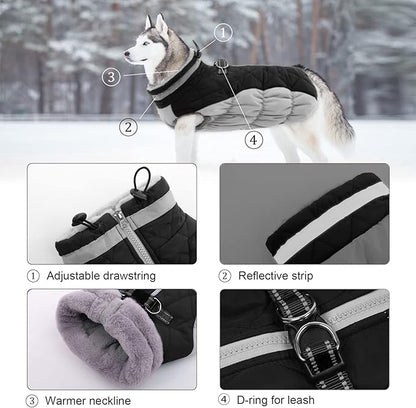 Lelepet Dog Coat Warm Dog Winter Coat Waterproof Dogs Jacket with Harness Built in Reflective Pet Fleece Vest Zip-Up Cold Weather Coats for Large Dogs Turtleneck & Windproof Coats Boxer Black XL