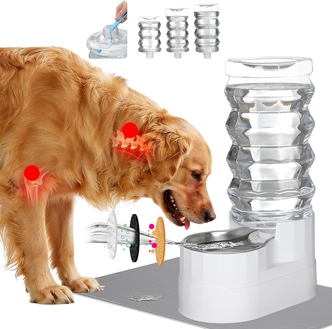 RIZZARI Large Water Dispenser for Dogs: 9L Automatic Stainless Steel Gravity Raised Pet Feeder with Specialized Brush and Triple Filter for Senior Pet Dogs with Neck Pain Garage Living Room