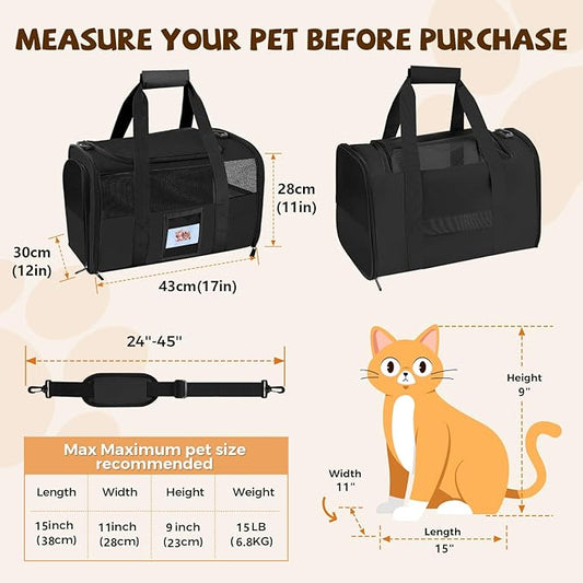 FOORLON Cat Carrier Soft for Pets Up to 15 Lbs, Cat Travel Bag with Padded Shoulder Strap and Detachable Cat Food Bowl, Pet Dog Carriers for Small Dogs Travel Puppy Carry Airline Approved, Black