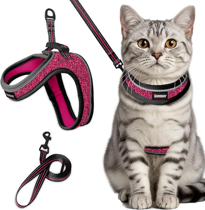 Cat Harness and Leash Set,Escape Proof Kitten Harness,Step in Adjustable Soft Lightweight,Easy Control,Reflective Strips Comfortable for Walking Travel(Pink/Black,XXS)