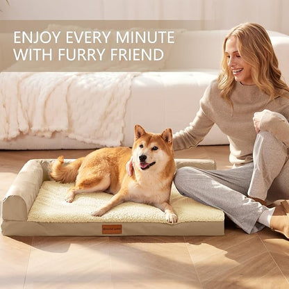 Patas Lague Orthopedic XL Dog Bed Large Sized Dog 48''X30'', Waterproof L Bolster Big Large Pet Sofa Beds with Removable Washable Cover, Soft Comfortable Pet Couch Crate Mat with Nonskid Bottom, Cream