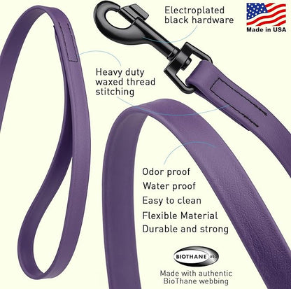 Dogline Biothane Waterproof Dog Leash Strong Coated Nylon Webbing with Black Hardware Odor-Proof Easy to Clean High Performance for Small or Large Dogs Made in USA 4 or 6 ft Lead, Violet Purple