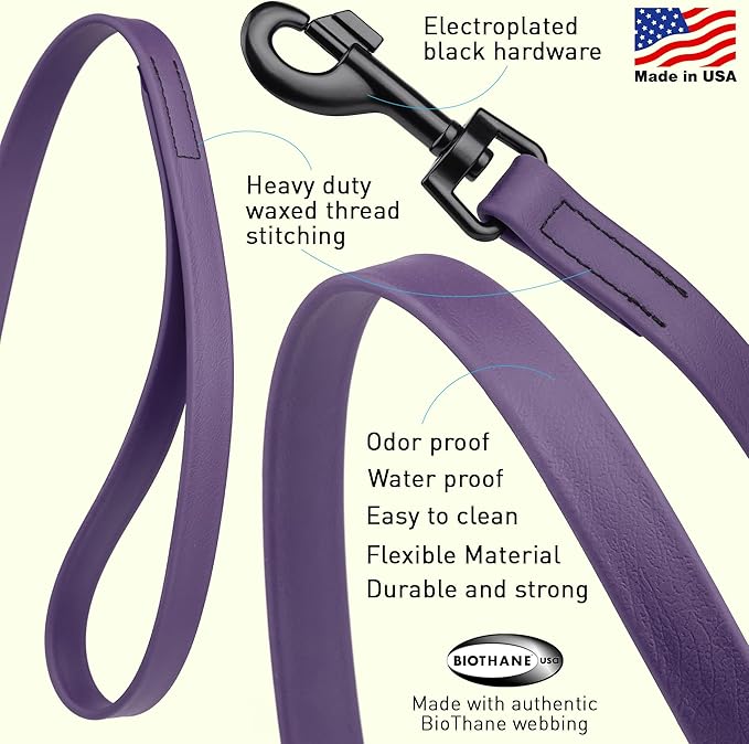 Dogline Biothane Waterproof Dog Leash Strong Coated Nylon Webbing with Black Hardware Odor-Proof Easy to Clean High Performance for Small or Large Dogs Made in USA 4 or 6 ft Lead, Violet Purple