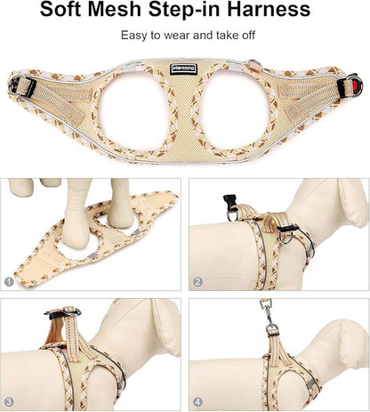 Mercano Soft Mesh Dog Harness and Leash Set, No-Chock Step-in Reflective Breathable Lightweight Easy Walk Vest Harnesses with Safety Buckle for Small Dogs, Cats (Beige, XXS)