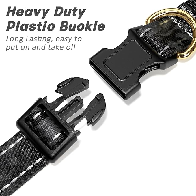 Reflective Dog Collar for Large Dogs, Cute Camouflage Adjustable Heavy-Duty Nylon Puppy Collar for Boy and Girl Female, Soft Pet Accessories with Quick Release Buckle, Black