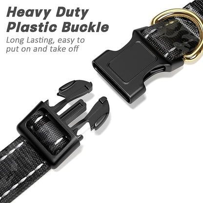 Reflective Dog Collar for Medium Dogs, Cute Camouflage Adjustable Heavy-Duty Nylon Puppy Collar for Boy and Girl Female, Soft Pet Accessories with Quick Release Buckle, Black