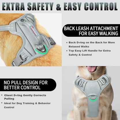 BARKBAY No Pull Dog Harness Large Reflective Dog Harness with Front Clip and Easy Control Handle for Walking Training Running with ID tag Pocket(Grey,L)