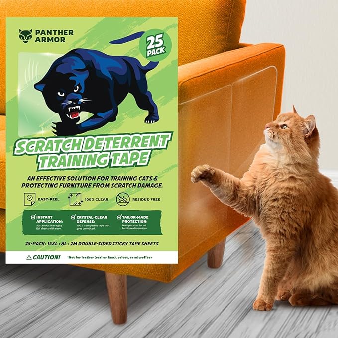 25 Pack Cat Scratch Furniture Protector Tape Sheets, Double-Sided Sticky Training (15 XL, 8 Large, 2 Medium), Anti-Scratch Couch & Sofa Guard, Clear, Not for Leather, Velvet, Microfiber