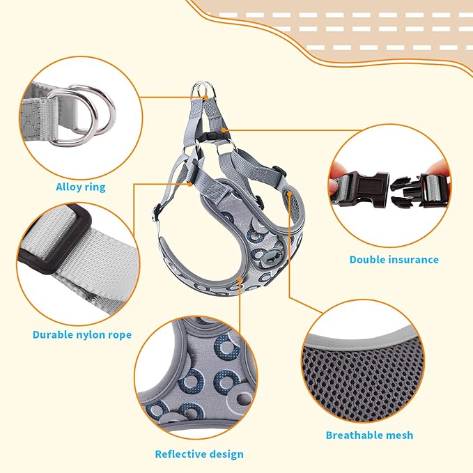 Dog Frenchie Harness with Leash Set, No Pull Adjustable Step in Vest Harness for Medium Dogs Walking and Running (M, Gray with Circle)