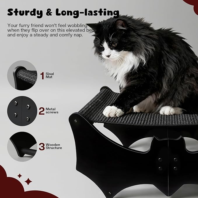 Gothic Cat Bed with Bat Design, Wooden Elevated Cat Beds with Sisal Scratching Mat, Cats Scratcher Bed with Removable Fluffy Cushion, Raised Pet Bed for Large Cats, 22" L x 17.7" W, Black