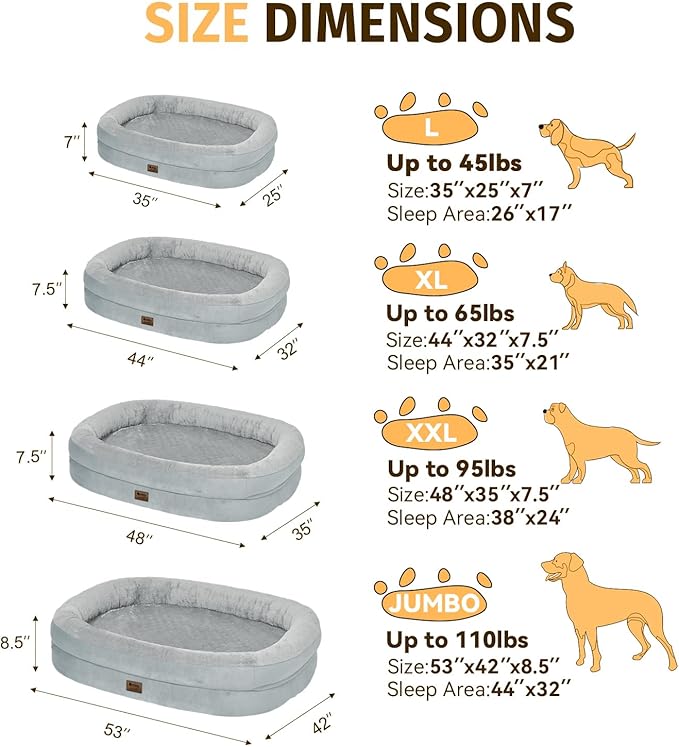 Orthopedic Waterproof Large Dog Bed: Memory Foam Washable Dog Bed with Bolsters - XXL Orthopedic Removable Cover for Medium Large Sized Pet - Non-Slip Bottom - Silver