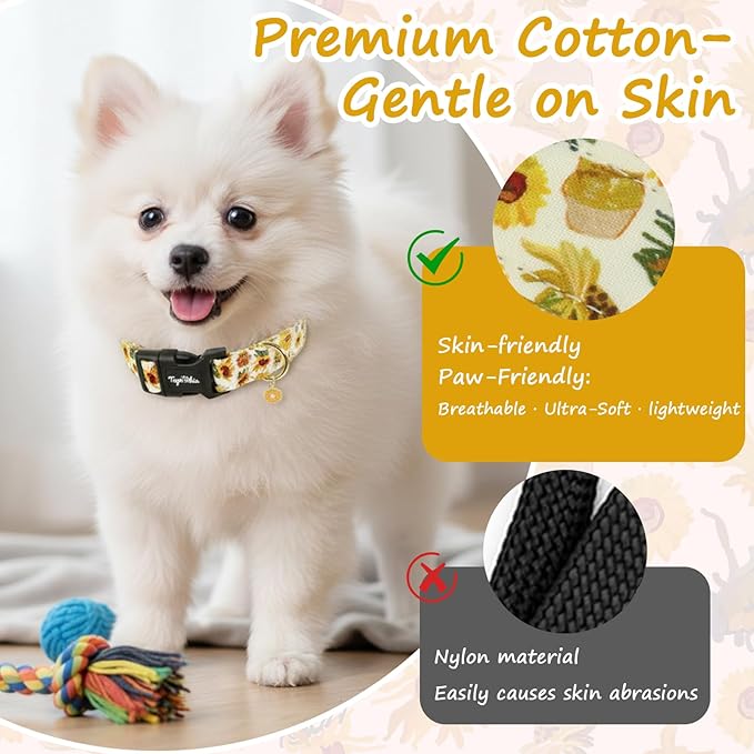 Dog Collar with Sunflower Patterns, Spring Summer Collection Yellow Dog Collar with Exquisite Pendant, Durable Adjustable Collars for Gifts & Daily Use-XS