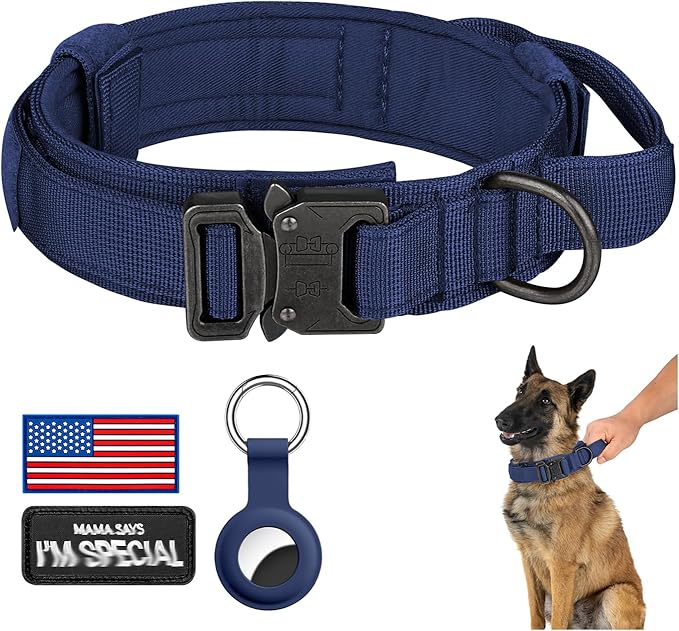 DAGANXI Tactical Dog Collar, Adjustable Military Training Nylon Dog Collar with Control Handle and Heavy Metal Buckle for Medium and Large Dogs, with Patches and Airtags Case (Midnight Blue, XL)