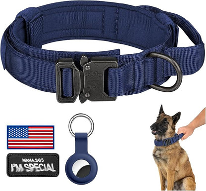 DAGANXI Tactical Dog Collar, Adjustable Military Training Nylon Dog Collar with Control Handle and Heavy Metal Buckle for Medium and Large Dogs, with Patches and Airtags Case (Midnight Blue, XL)