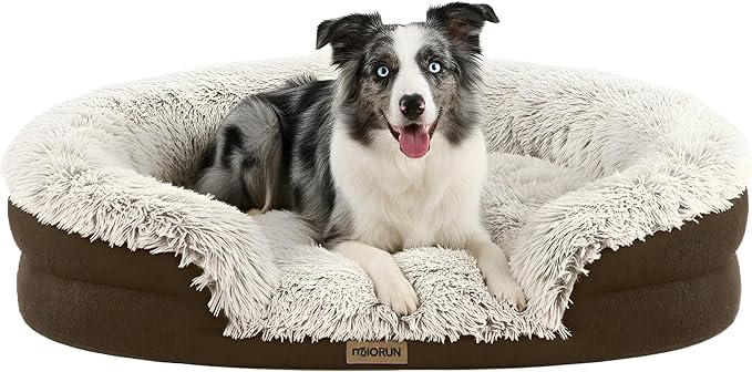 Miorun Fluffy Orthopedic Dog Bed for Medium & Large Dogs, Calming Plush Sofa Bed with Curved Bolster Support and Egg-Crate Foam Base, 43" Cozy Oval Pet Donut Bed with Washable Cover, Coffee