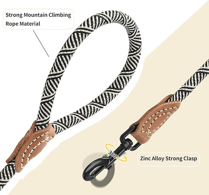 Mile High Life Rope Leash with Genuine Leather Connection, 6 FT/5 FT/4 FT, Heavy Duty Leash for Medium & Large Dogs (Black Beige, 60 Inch)