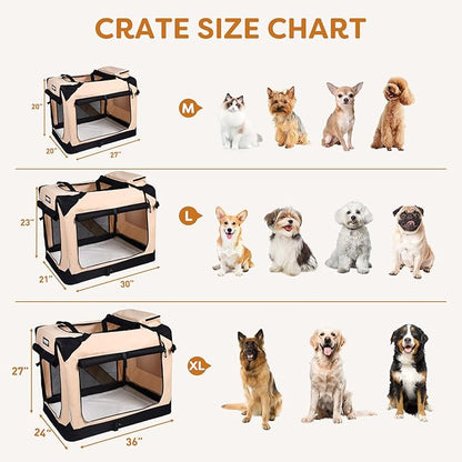 JESPET Soft Dog Crates Kennel for Pets, 3 Door Soft Sided Folding Travel Pet Carrier with Straps and Fleece Mat for Dogs, Cats (Camel, X-Large(36" L x 24" W x 27" H))