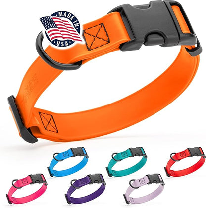 Dogline Biothane Waterproof Dog Collar with Quick Release Buckle Strong Coated Nylon Webbing with Odor- Proof for Easy Care Easy to Clean Fits Small Medium or Large Dogs, Orange 1" W 15-23" L