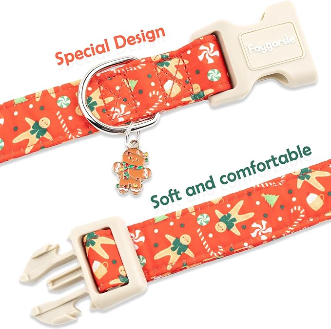 Faygarsle Christmas Dog Collar, Red Gingerbread Pattern, Plastic Buckle with Metal D-Ring, Holiday Pet Accessory, for Small Medium Large Dogs S
