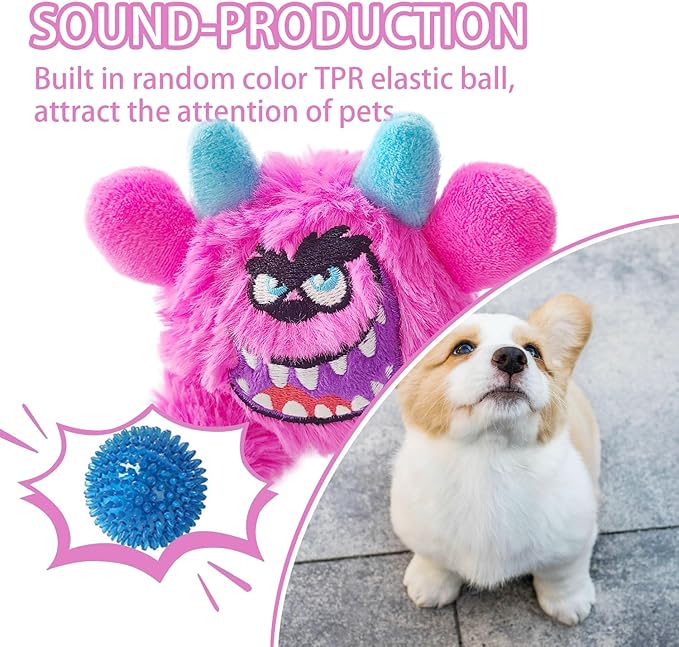 FCCUM Squeaky Plush Ball Dog Toy, Little Monster Puppy Toys Suitable for All Breeds, Dental Care, Skin-Friendly and Soft and Durable (Rose Red, Large)