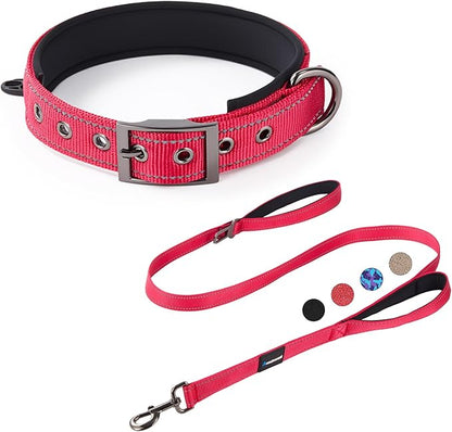 Annchwool Adjustable Dog Collar and 5 FT Leash Set with Heavy Duty Metal Buckle–Comfortable Lining Reflective Collar & Dual-Handles for Small Medium Large Dogs Walking,Running(Red Set,XL:22''-30'')