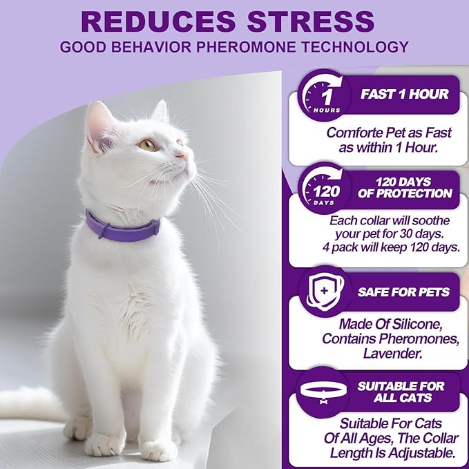 Cat Calming Collar, 4-Pack Pheromone Collars for Cats – Adjustable 15″, 60-Day Lasting Stress & Anxiety Relief, Helps Reduce Noise Fear, Scratching & Separation Anxiety（Pruple）