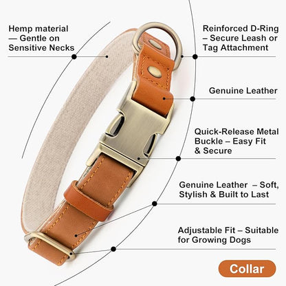Plutus Pet Genuine Leather & Hemp Dog Collar – Adjustable Heavy Duty Pet Collar with Quick Release Metal Buckle, Soft & Stylish for Puppy and Small, Medium, Large Dogs (Light Brown, M)