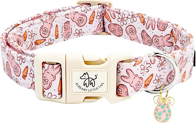 Elegant little tail Easter Dog Collar,Bunny Pattern Pet Collar Pink Durable Holiday Female or Male Adjustable Cotton Pet Collar with Quick Release Buckle for Small Dogs