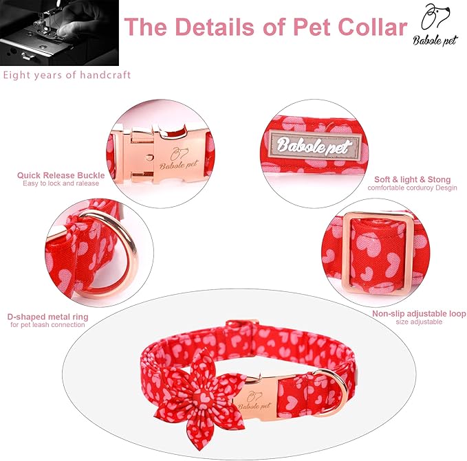 Valentine's Day Dog Collar with Flower Tie, Pink Red Love Male Dog Collar with Safety Metal Buckle Adjustable Puppy Collars for Small Medium Large Boy & Girl Dog,XL-Neck 16"-26"