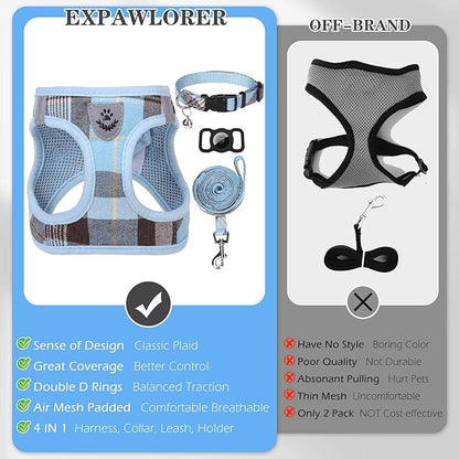 EXPAWLORER Classic Plaid Puppy Harness - Small Dog Harness and Leash Set - Dog Collar and Leash Set with AirTag Holder, Soft Padded Step in Dog Vest Harness No Pull Reflective for Outdoor, Blue XXS
