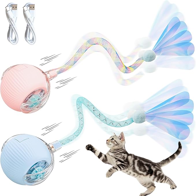 2-Pack Interactive Cat Ball Toys – Pink & Blue Combo – Automatic Rolling Balls with Long Tail & Feather, 3-Modes & USB Rechargeable for Indoor Cats