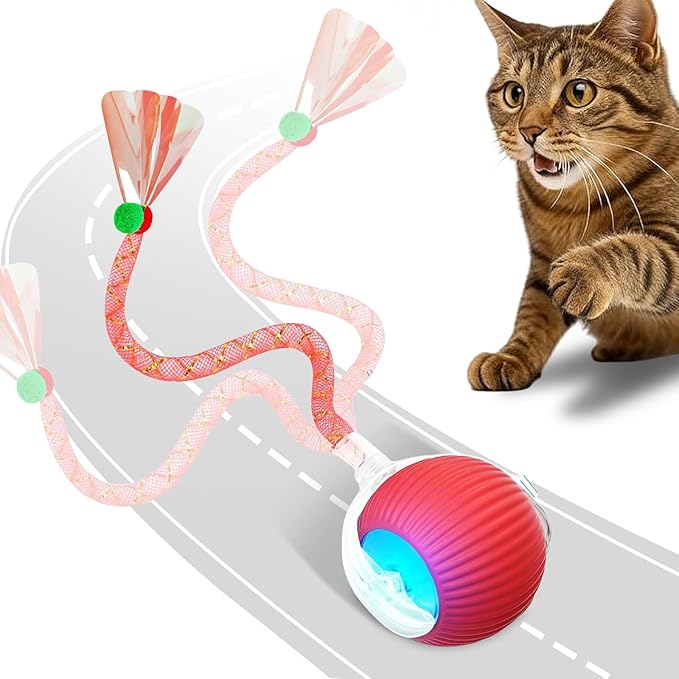 JUBBPDX Interactive Cat Toys for Indoor Cats, Automatic Kitten Toys for Bored Indoor Adult Cats, Smart Kitten Rolling Ball Moving Balls Toy, Rechargeable Dog Cat Ball for Enrichment Exercise (Red)