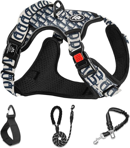 NESTROAD No Pull Dog Harness,Adjustable Oxford Dog Vest Harness with Leash,Reflective No-Choke Pet Harness with Easy Control Soft Handle for Large Dogs(Large,Vintage Blue)
